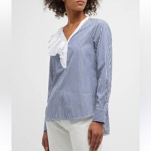 Navy Stripe Ruffle Blouse Popover Tunic NWT Harshman Preppy Coastal Size Large